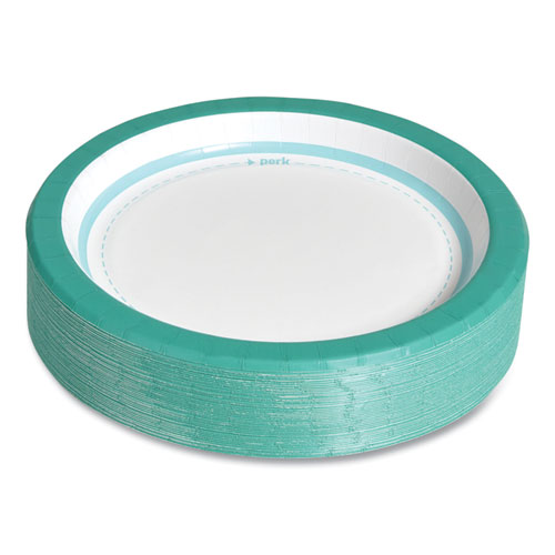 Image of Perk™ Everyday Paper Plates, 8.5" Dia, White/Teal, 125/Pack