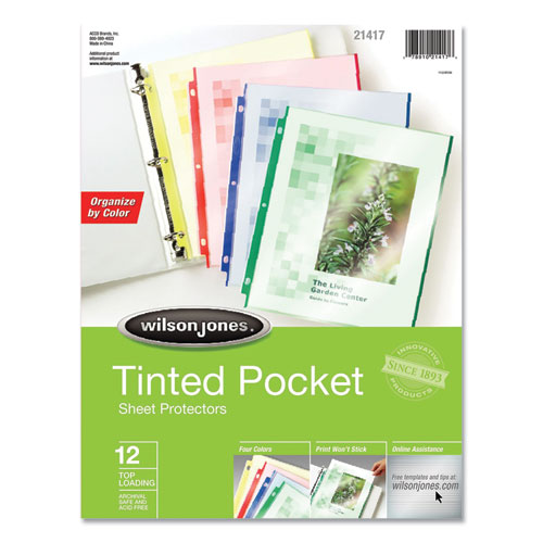 Tinted Pocket Sheet Protectors, 3 Hole Punched, Top Loading, Letter, Assorted Colors, 12/Pack