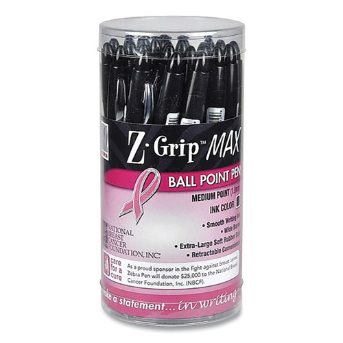 Image of Zebra® Z-Grip Max Breast Cancer Awareness Ballpoint Pen, Retractable, Bold 1.2 Mm, Black Ink, Translucent Black Barrel, 24/Pack