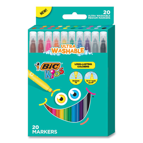 Bic® Kids Ultra Washable Markers, Medium Bullet Tip, Assorted Colors, 20/Pack