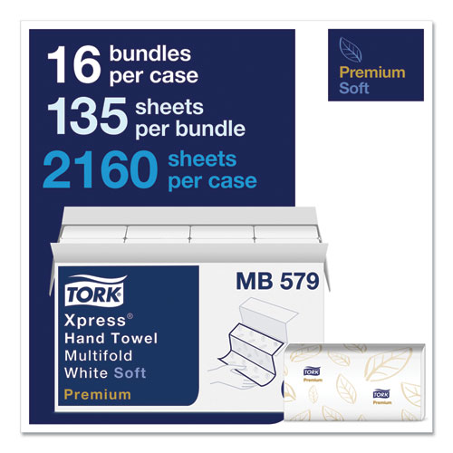 Image of Tork® Premium Soft Xpress 3-Panel Multifold Hand Towels, 2-Ply, 9.13 X 9.5, White With Blue Leaf, 135/Packs, 16 Packs/Carton