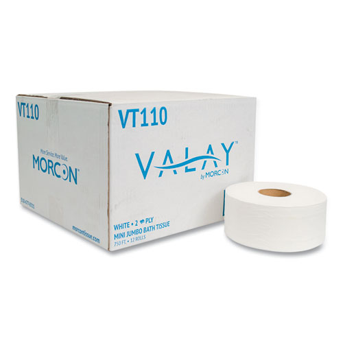 Valay Mini Jumbo Bath Tissue, Septic Safe, 2-Ply, White, 750 ft, 12 Rolls/Carton