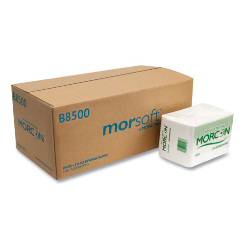 Morcon Tissue Morsoft Beverage Napkins, 9 x 9/4, White, 500/Pack, 8 Packs/Carton
