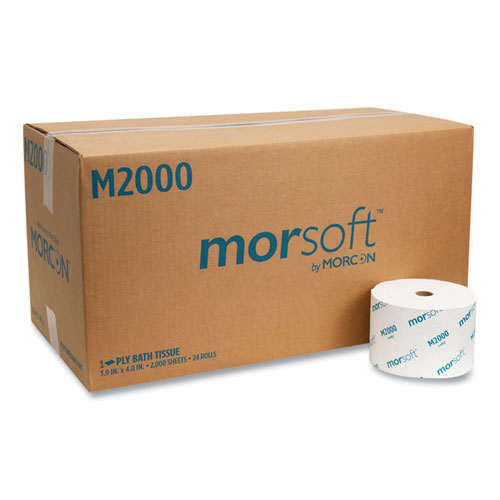 Morcon Tissue Small Core Bath Tissue, Septic Safe, 1-Ply, White, 3.9" x 4", 2000 Sheets/Roll, 24 Rolls/Carton