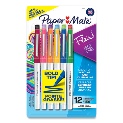 Paper Mate® Flair Felt Tip Porous Point Pen, Stick, Bold 1.2 Mm, Assorted Ink Colors, White Pearl Barrel, 12/Pack