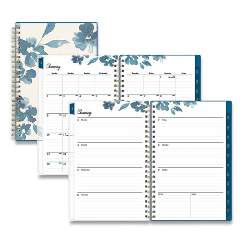 Blue Sky® Bakah Blue Weekly/Monthly Planner, Bakah Blue Floral Artwork, 8 X 5, Blue/White Cover, 12-Month (Jan To Dec): 2024