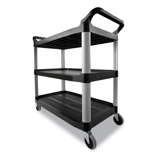 Image of Rubbermaid® Commercial Three-Shelf Service Cart, Plastic, 3 Shelves, 200 Lb Capacity, 18.63" X 33.63" X 37.75", Black