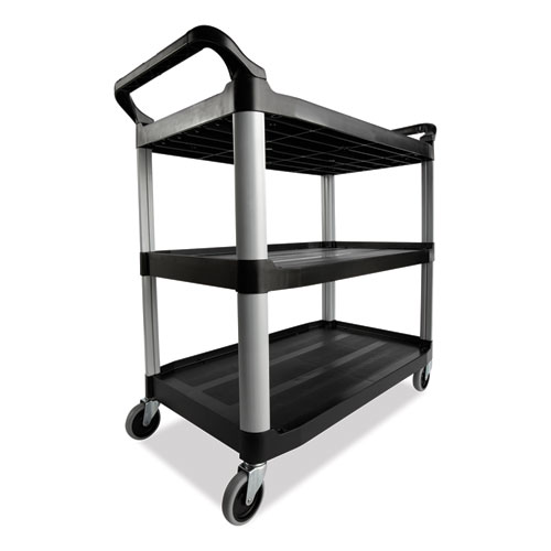 Image of Rubbermaid® Commercial Three-Shelf Service Cart, Plastic, 3 Shelves, 200 Lb Capacity, 18.63" X 33.63" X 37.75", Black