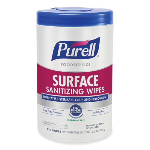 Image of Foodservice Surface Sanitizing Wipes, 10 x 7, Fragrance-Free, 110/Canister, 6 Canisters/Carton