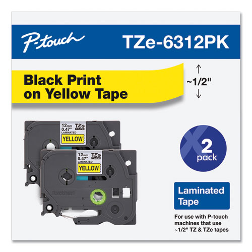 Image of Brother P-Touch® Tze Standard Adhesive Laminated Labeling Tape, 0.47" X 26.2 Ft, Black On Yellow, 2/Pack