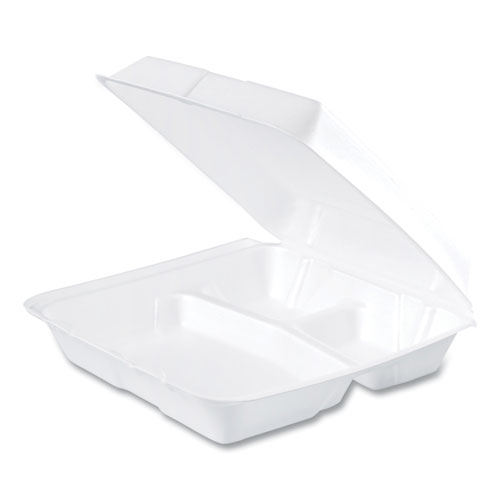 Image of Dart® Foam Hinged Lid Containers, 3-Compartment, 9.25 X 9.5 X 3, White, 200/Carton