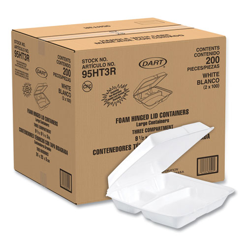 Dart® Foam Hinged Lid Containers, 3-Compartment, 9.25 x 9.5 x 3, White, 200/Carton