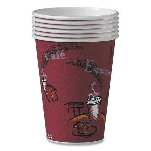 Image of Solo® Paper Hot Drink Cups In Bistro Design, 12 Oz, Maroon, 300/Carton