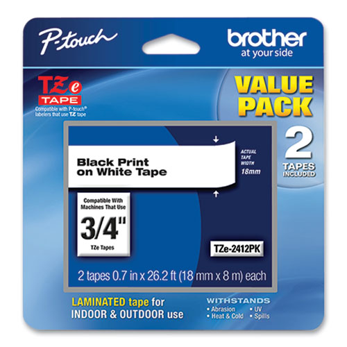 Brother P-Touch® Tze Standard Adhesive Laminated Labeling Tape, 0.7" X 26.2 Ft, Black On White, 2/Pack
