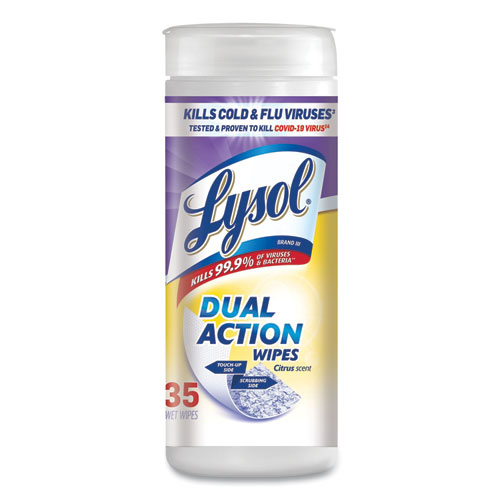 Image of Lysol® Brand Dual Action Disinfecting Wipes, 1-Ply, 7 X 7.5, Citrus, White/Purple, 35/Canister, 12 Canisters/Carton