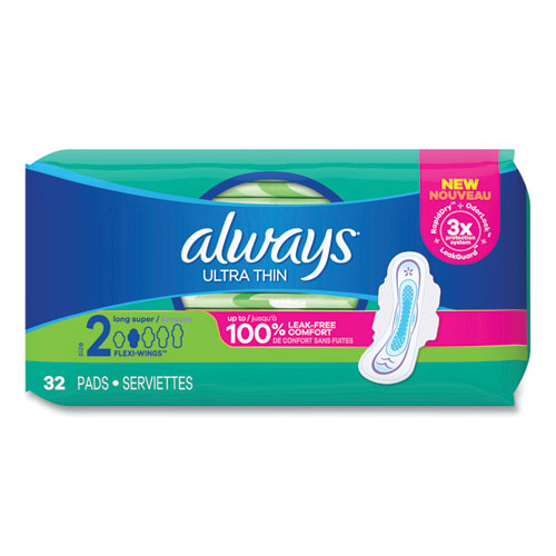 Image of Always® Ultra Thin Pads With Wings, Size 2, Long, Super Absorbent, 32/Pack, 3 Packs/Carton