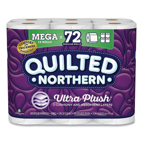Ultra Plush Bathroom Tissue, Mega Rolls, Septic Safe, 3-Ply, White, 284 Sheets/Roll, 18 Rolls/Carton