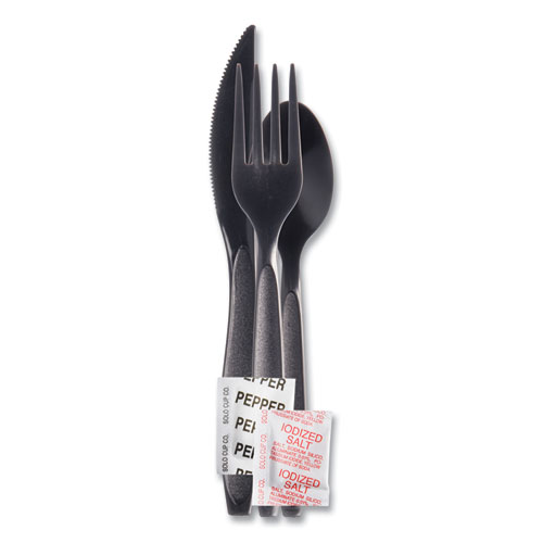 Image of Reliance Mediumweight Cutlery Kit, Knife/Fork/Spoon/Salt/Pepper/Napkin, Black, 250 Kits/Carton