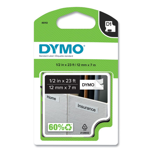 Image of D1 High-Performance Polyester Removable Label Tape, 0.5" x 23 ft, Black on White