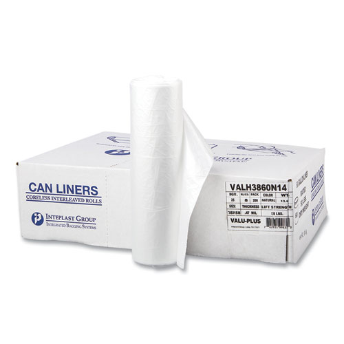 Image of Inteplast Group High-Density Commercial Can Liners Value Pack, 60 Gal, 12 Microns, 38" X 58", Clear, 25 Bags/Roll, 8 Rolls/Carton