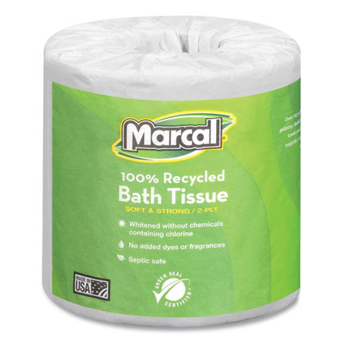 Marcal® 100% Recycled 2-Ply Bath Tissue, Septic Safe, Individually Wrapped Rolls, White, 330 Sheets/Roll, 48 Rolls/Carton