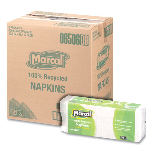 Image of Marcal® 100% Recycled Lunch Napkins, 1-Ply, 11.4 X 12.5, White, 400/Pack