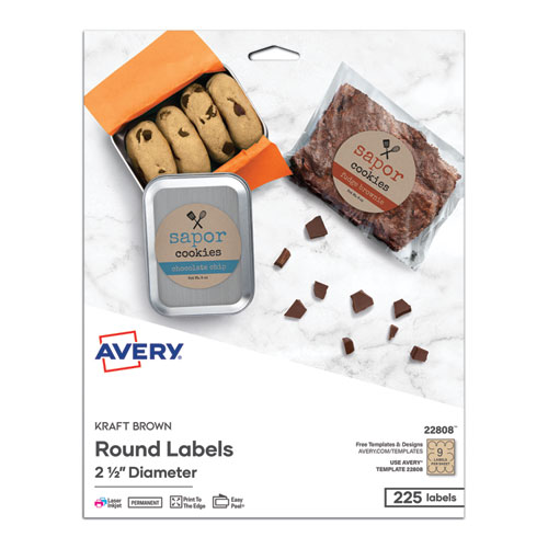 Avery® Round Brown Kraft Print-To-The-Edge Labels, 2.5" Dia, 225/Pk