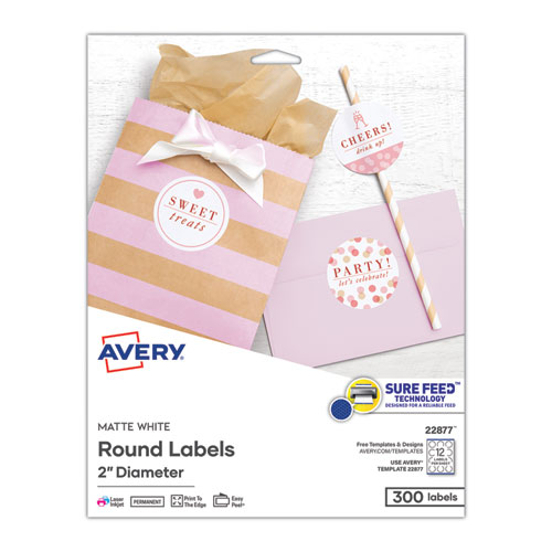 Avery® Round Print-To-The Edge Labels With Surefeed And Easypeel, 2" Dia, Matte White, 300/Pack
