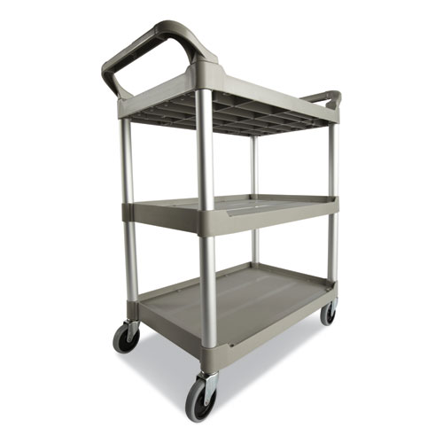Image of Rubbermaid® Commercial Three-Shelf Service Cart, Plastic, 3 Shelves, 200 Lb Capacity, 18.63" X 33.63" X 37.75", Platinum