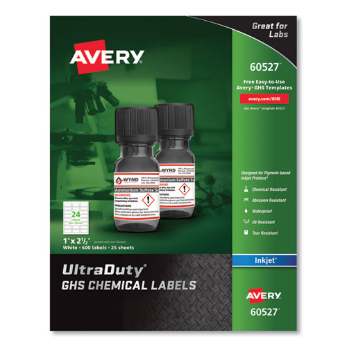 Avery® Ultraduty Ghs Chemical Waterproof And Uv Resistant Labels, 1 X 2.5, White, 24/Sheet, 25 Sheets/Pack
