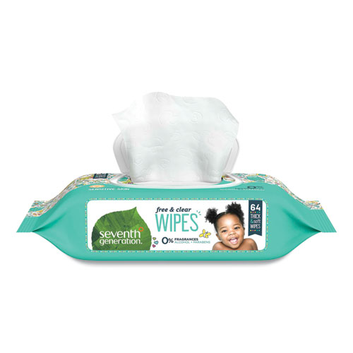 Seventh Generation® Free And Clear Baby Wipes, 7 X 7, Unscented, White, 64/Flip Top Pack, 12 Packs/Carton