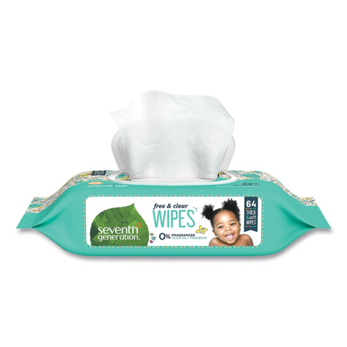 Seventh Generation® Free And Clear Baby Wipes, 7 X 7, Unscented, White, 64/Flip-Top Pack