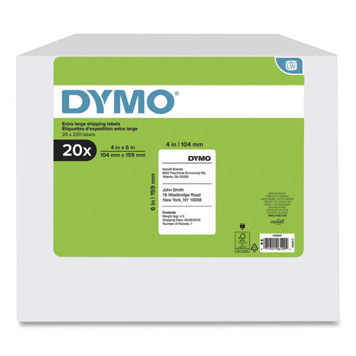 Image of Dymo® Lw Extra-Large Shipping Labels, 4" X 6", White, 220 Labels/Roll, 20 Rolls/Box