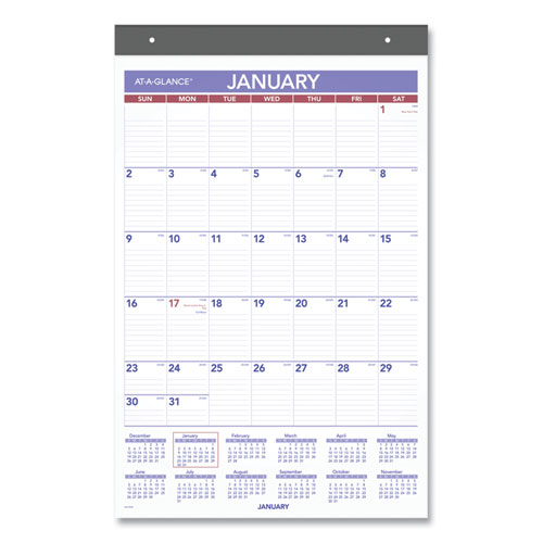 At-A-Glance® Repositionable Wall Calendar, 15.5 X 22.75, White/Blue/Red Sheets, 12-Month (Jan To Dec): 2024