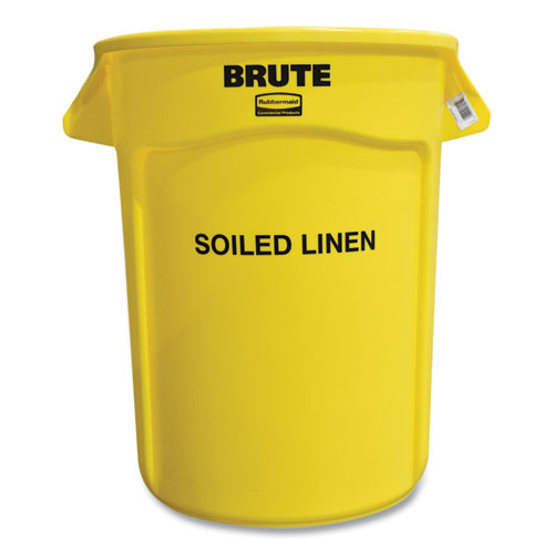 Rubbermaid® Commercial Round Brute Container with "Soiled Linen" Imprint, Plastic, 32 gal, Yellow