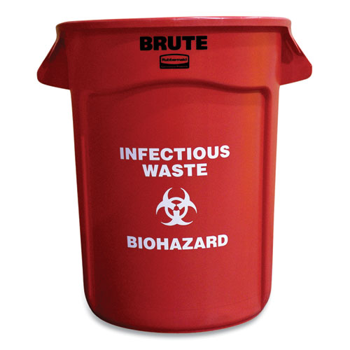 Rubbermaid® Commercial Round Brute Container with "Infectious Waste: Biohazard" Imprint, Plastic, 32 gal, Red