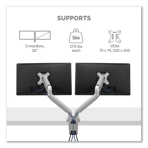 Image of Fellowes® Platinum Series Dual Monitor Arm, For 27" Monitors, 360 Deg Rotation, 45 Deg Tilt, 180 Deg Pan, Silver, Supports 20 Lb