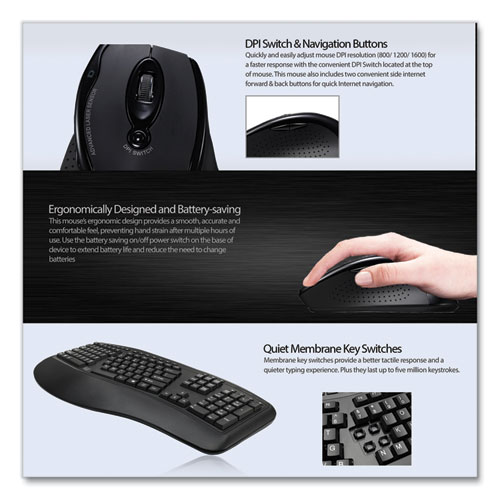 Image of Adesso Wkb1500Gb Wireless Ergonomic Keyboard And Mouse, 2.4 Ghz Frequency/30 Ft Wireless Range, Black