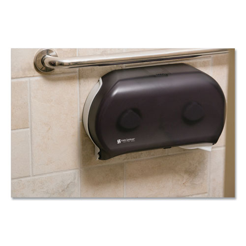 Image of San Jamar® Twin 9" Jumbo Tissue Dispenser, Classic, 19 X 5.25 X 12, Transparent Black Pearl