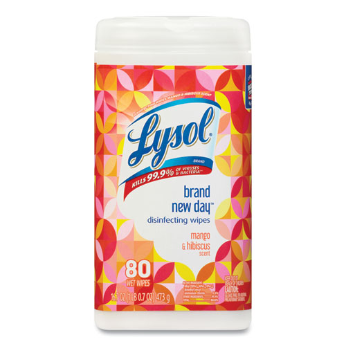 LYSOL® Brand Disinfecting Wipes, 7 x 7.25, Mango and Hibiscus, 80 Wipes/Canister, 6 Canisters/Carton