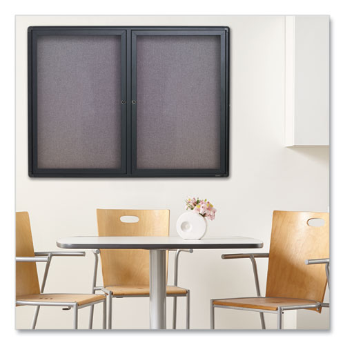 Enclosed Indoor Fabric Bulletin Board with Two Hinged Doors, 48 x 36, Gray Surface, Graphite Aluminum Frame