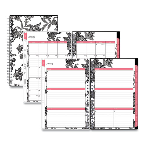 Analeis Create-Your-Own Cover Weekly/Monthly Planner, Floral Artwork, 8 x 5, White/Black/Coral, 12-Month (Jan to Dec): 2023
