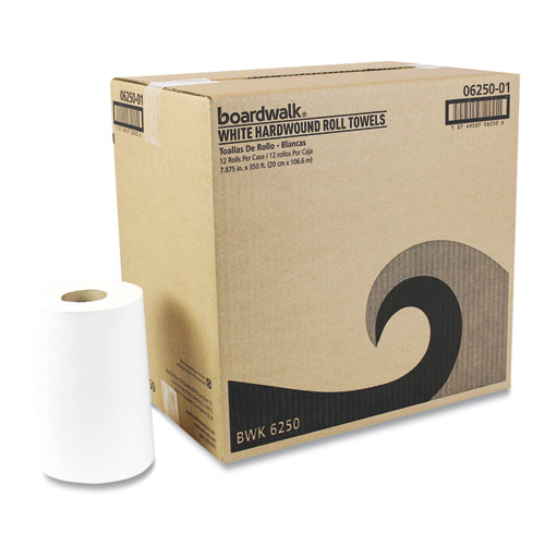 Image of Boardwalk® Hardwound Paper Towels, Nonperforated, 1-Ply, 8" X 350 Ft, White, 12 Rolls/Carton