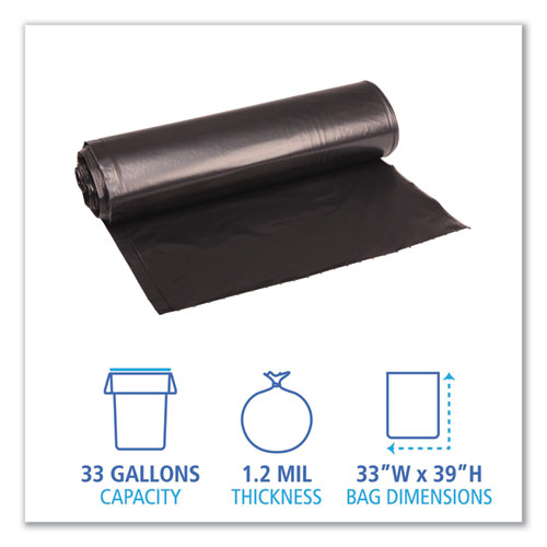 Image of Boardwalk® Recycled Low-Density Polyethylene Can Liners, 33 Gal, 1.2 Mil, 33" X 39", Black, 10 Bags/Roll, 10 Rolls/Carton