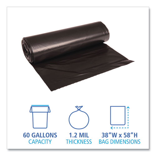 Image of Boardwalk® Recycled Low-Density Polyethylene Can Liners, 60 Gal, 1.2 Mil, 38" X 58", Black, 10 Bags/Roll, 10 Rolls/Carton
