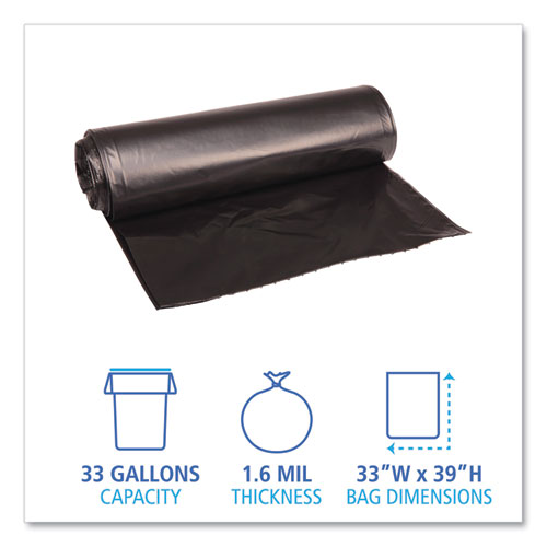 Image of Boardwalk® Recycled Low-Density Polyethylene Can Liners, 33 Gal, 1.6 Mil, 33" X 39", Black, 10 Bags/Roll, 10 Rolls/Carton