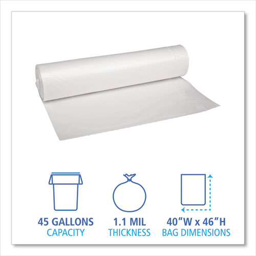 Image of Boardwalk® Recycled Low-Density Polyethylene Can Liners, 45 Gal, 1.1 Mil, 40" X 46", Clear, 10 Bags/Roll, 10 Rolls/Carton