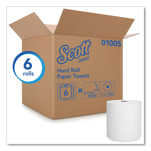 Image of Scott® Essential High Capacity Hard Roll Towels For Business, 1-Ply, 8" X 1,000 Ft, 1.5" Core, Recycled, White, 6 Rolls/Carton