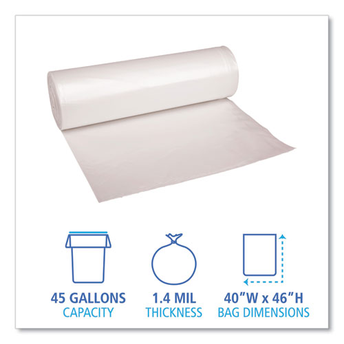 Image of Boardwalk® Recycled Low-Density Polyethylene Can Liners, 45 Gal, 1.4 Mil, 40" X 46", Clear, 10 Bags/Roll, 10 Rolls/Carton