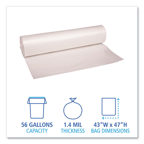 Image of Boardwalk® Recycled Low-Density Polyethylene Can Liners, 56 Gal, 1.4 Mil, 43" X 47", Clear, 10 Bags/Roll, 10 Rolls/Carton
